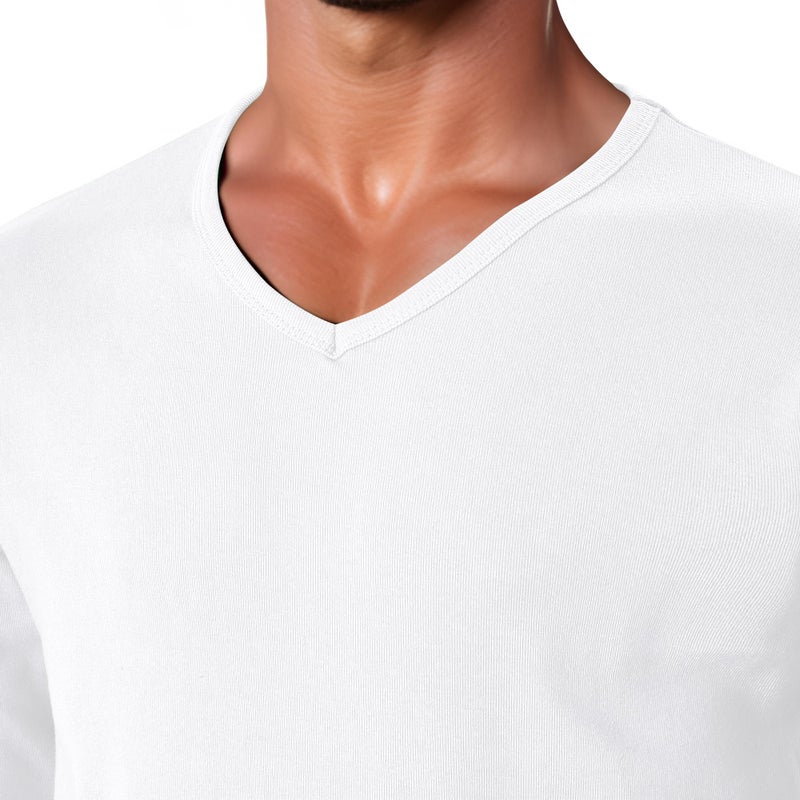 GIVON Menâ€™s Slim Fit V-Neck Long Sleeve T-Shirt â€“ 100% Cotton Ribbed Knit â€“ Midweight Base Layer or Standalone Top / DCP053-WHITE-L - Image 5
